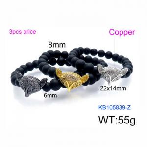 3PCS Stretchable 8mm Black Matte Onyx Bracelets Copper Fox Charm With Rhinestones - KB105839-Z