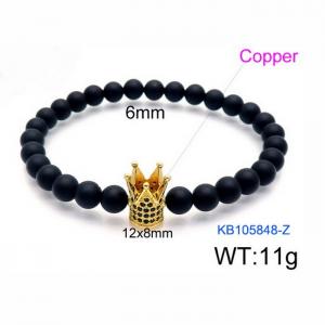 Stretchable 6mm Black Matte Onyx Bracelet Gold Plated Copper Crown Charm with Rhinestones - KB105848-Z