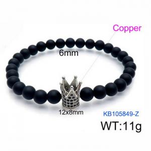 Stretchable 6mm Black Matte Onyx Bracelet Silver Plated Copper Crown Charm with Rhinestones - KB105849-Z