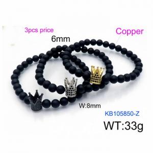 3PCS Stretchable 6mm Black Matte Onyx Bracelets Copper Crown Charm with Rhinestones - KB105850-Z