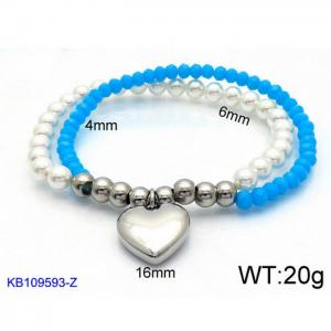 Blue Silicone and Beads Beaded Bracelet with Love Charm Woman's Stretch Bracelet - KB109593-Z