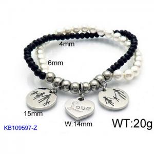Black Silicone and Beads Beaded Bracelet with Love Family Charms Woman's Stretch Bracelet - KB109597-Z