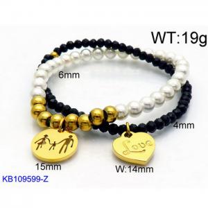 Black Silicone and Beads Beaded Bracelet with Love Family Charms Woman's Stretch Bracelet - KB109599-Z