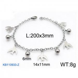 Fashion stainless steel 200 × 3mm O-chain bird round bead pendant jewelry charm silver bracelet - KB110933-Z
