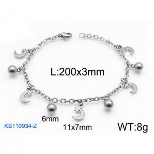 Fashion stainless steel 200 × 3mm O-chain moon shaped round bead pendant jewelry charm silver bracelet - KB110934-Z
