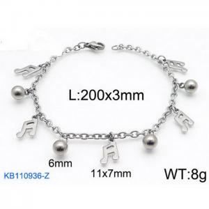 Fashion stainless steel 200 × 3mm O-chain musical note round bead pendant jewelry charm silver bracelet - KB110936-Z