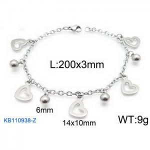 Fashion stainless steel 200 × 3mm O-chain hollow heart shaped round bead pendant jewelry charm silver bracelet - KB110938-Z
