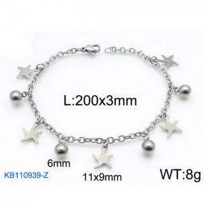 Fashion stainless steel 200 × 3mm O-shaped chain Pentagram round bead pendant jewelry charm silver bracelet - KB110939-Z