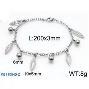 Fashion stainless steel 200 × 3mm O-chain round bead lip shaped pendant jewelry charm silver bracelet - KB110940-Z