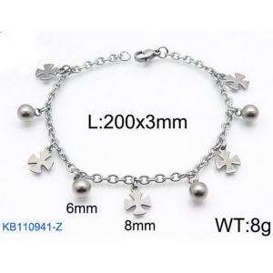 Fashion stainless steel 200 × 3mm O-chain cross round bead pendant jewelry charm silver bracelet - KB110941-Z