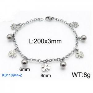 Fashion stainless steel 200 × 3mm O-shaped Four-leaf clover round bead pendant jewelry charm silver bracelet - KB110944-Z
