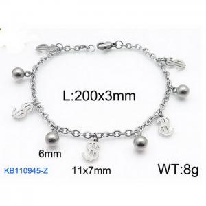 Fashion stainless steel 200 × 3mm O-chain $shaped round bead pendant jewelry charm silver  bracelet - KB110945-Z