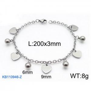 Fashion stainless steel 200 × 3mm O-chain heart-shaped round bead pendant jewelry charm silver bracelet - KB110946-Z