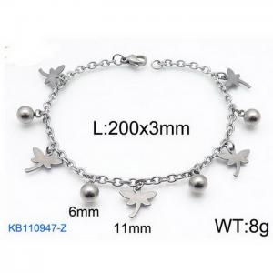 Fashion stainless steel 200 × 3mm O-chain small dragonfly round bead pendant jewelry charm silver bracelet - KB110947-Z
