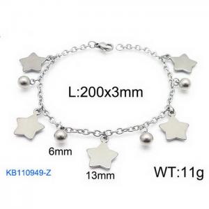 Fashion stainless steel 200 × 3mm O-shaped chain round bead Pentagram pendant jewelry charm silver bracelet - KB110949-Z