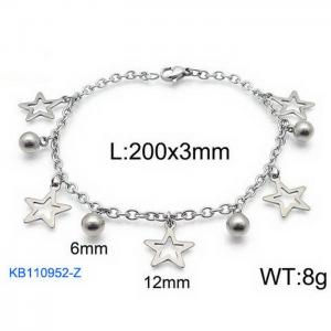 Fashion stainless steel 200 × 3mm O-shaped chain hollow Pentagram round bead pendant jewelry charm silver bracelet - KB110952-Z