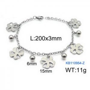 Fashion stainless steel 200 × 3mm O-shaped chain round bead Four-leaf clover pendant jewelry charm silver bracelet - KB110954-Z