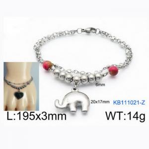 Fashion Stainless Steel 195 × 3mm double layered mixed chain beads paired with elephant pendant jewelry charm silver bracelet - KB111021-Z