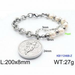 Fashion Stainless Steel 200 × 8mm beaded chain mixed with O-shaped chain angel circular pendant jewelry charm silver bracelet - KB112468-Z