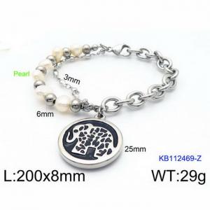 Fashion Stainless Steel 200 × 8mm bead chain mixed with O-shaped chain elephant circular pendant jewelry charm silver bracelet - KB112469-Z