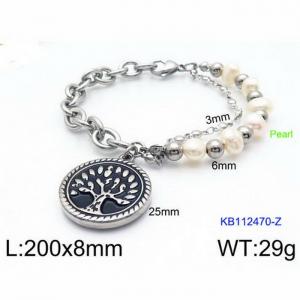 Fashion Stainless Steel 195 × 3mm bead chain mixed with O-shaped chain life tree circular pendant jewelry charm silver bracelet - KB112470-Z