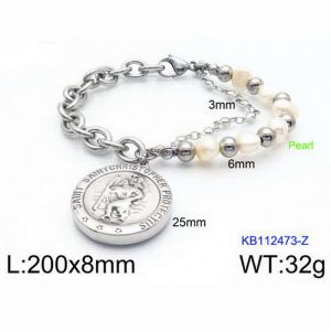 Fashion Stainless Steel 200 × 8mm bead chain mixed with O-shaped image character circular pendant jewelry charm silver bracelet - KB112473-Z