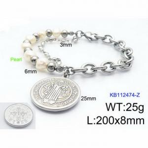 Fashion Stainless Steel 195 × 3mm bead chain mixed O-shaped chain cross circular pendant jewelry charm silver bracelet - KB112474-Z