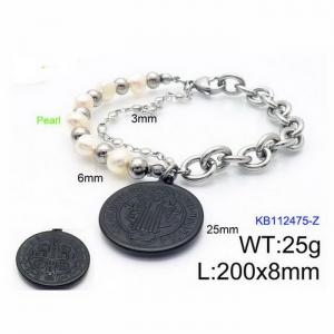 Fashion Stainless Steel 195 × 3mm bead chain mixed O-shaped chain cross circular pendant jewelry charm black bracelet - KB112475-Z