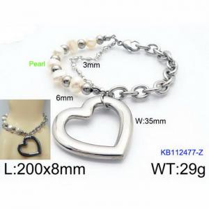 Fashion Stainless Steel 200 × 8mm bead chain mixed and hollowed out heart shaped pendant jewelry charm silver bracelet - KB112477-Z