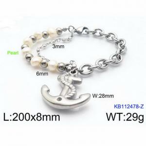 200mm Women Stainless Steel&Pearl Double-Style Chain Bracelet with Anchor Charm - KB112478-Z