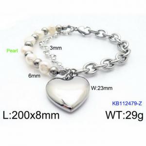 200mm Women Stainless Steel&Pearl Double-Style Chain Bracelet with Love Heart Charm - KB112479-Z