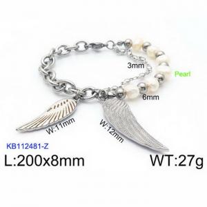 200mm Women Stainless Steel&Pearl Double-Style Chain Bracelet with Wing Charms - KB112481-Z
