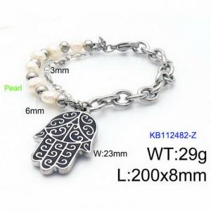 200mm Women Stainless Steel&Pearl Double-Style Chain Bracelet with Fatima Hand Charm - KB112482-Z