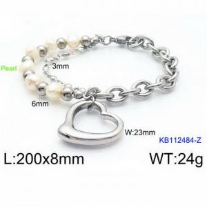 200mm Women Stainless Steel&Pearl Double-Style Chain Bracelet with Hollow Love Heart Charm - KB112484-Z