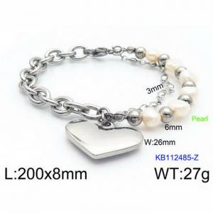 200mm Women Stainless Steel&Pearl Double-Style Chain Bracelet with Polished Love Heart Charm - KB112485-Z