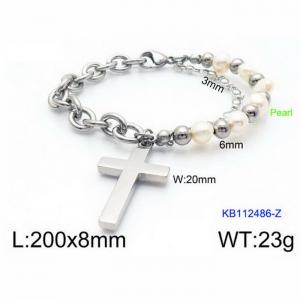 200mm Women Stainless Steel&Pearl Double-Style Chain Bracelet with Christian Cross Charm - KB112486-Z