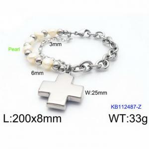 200mm Women Stainless Steel&Pearl Double-Style Chain Bracelet with Square Christian Cross Charm - KB112487-Z