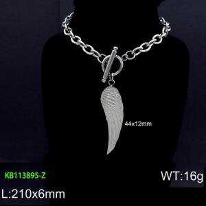 Stainless steel 210x6mm welding chain charm circle clasp classic wing pendant silver bracelet - KB113895-Z
