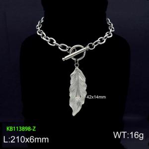 Stainless steel 210x6mm welding chain charm circle clasp irregular leaf pendant silver bracelet - KB113898-Z