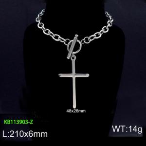Stainless steel 210x6mm welding chain charm circle clasp cross pendant silver bracelet - KB113903-Z