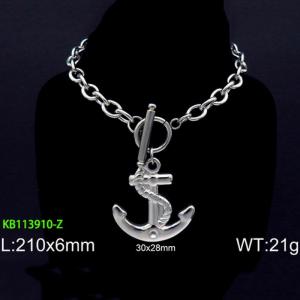 Stainless steel 210x6mm welding chain charm circle clasp  anchor pendant silver bracelet - KB113910-Z