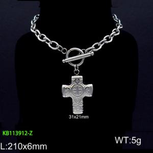 Stainless steel 210x6mm welding chain charm circle clasp heavy cross pendant silver bracelet - KB113912-Z