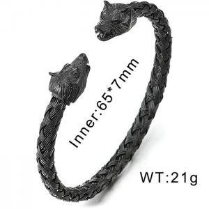 Mens Wolf Head Bracelet Steel Braided Cable Bangle Cuff Bracelet Polished, Adjustable Black-plating Bangle - KB125357-BDJX