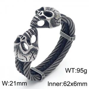 Halloween Double Skull Ghost Head Oxidized Wire Leather Men's Bangle - KB164172-KFC