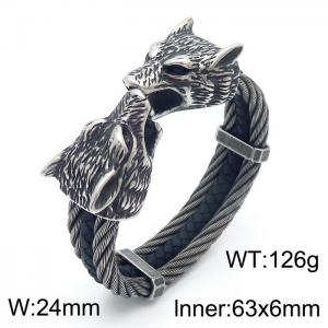 Double Wolf Head Wire Elastic Leather Men's Animal Bracelet - KB164175-KFC