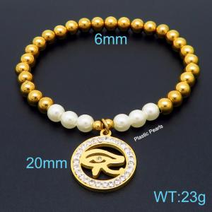 Hand make stainless steel simple style plastic pearls eye of evil charm crystal with withe mud steel bead gold bracelet - KB164806-Z