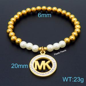 Hand make stainless steel simple style plastic pearls mk charm crystal with withe mud steel bead gold bracelet - KB164808-Z