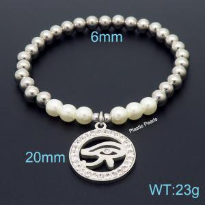 Hand make stainless steel simple style plastic pearls eye of evil charm crystal with withe mud steel bead silver bracelet - KB164815-Z