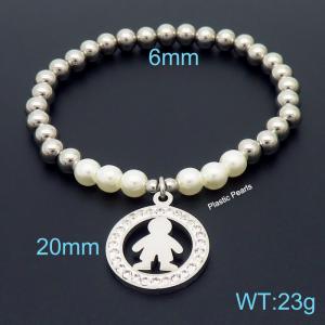 Hand make stainless steel simple style plastic pearls boy charm crystal with withe mud steel bead silver bracelet - KB164816-Z