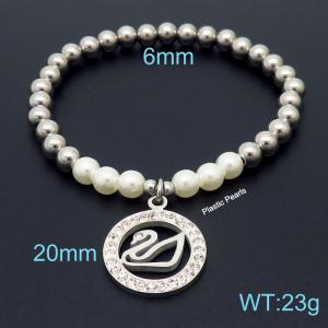 Hand make stainless steel simple style plastic pearls swan charm crystal with withe mud steel bead silver bracelet - KB164817-Z